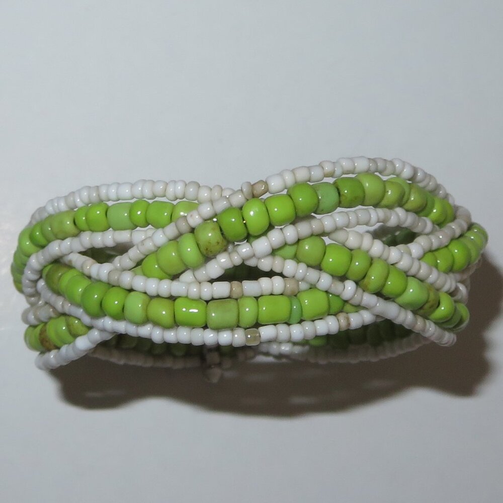 Flexible Green And Ivory Seed Woven Bracelet